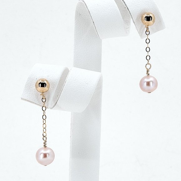 Blush Pearl Dainty Drop Earrings, 14K Gold Filled Ball Post Studs - Picture 4 of 10